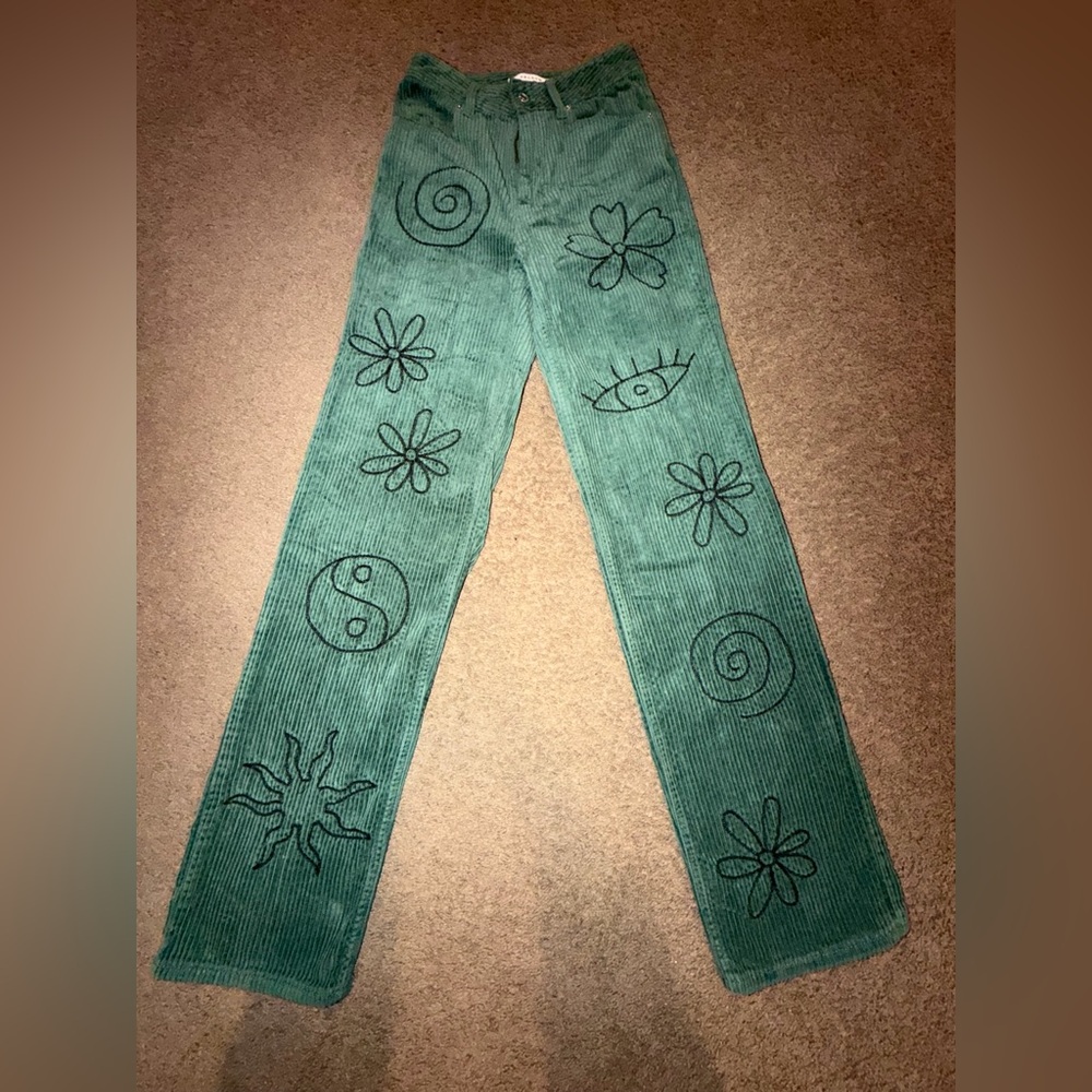 PacSun Teal Green Corduroy Straight-Leg Pants with Black Hand-Drawn Motifs